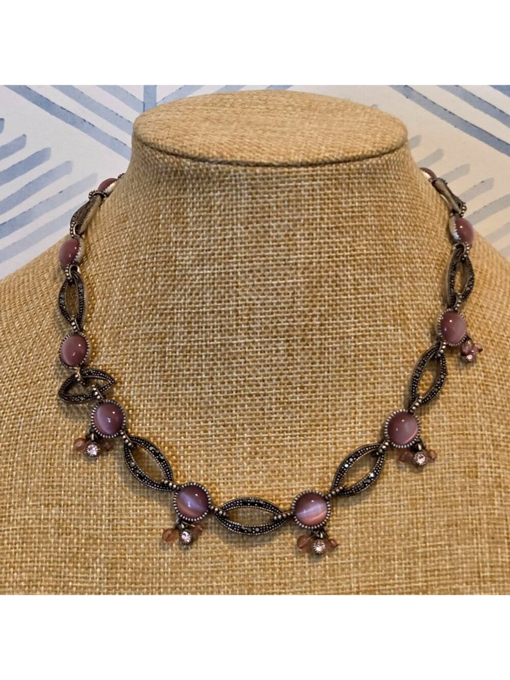 Trifari Vintage Pink Cats Eye & Marcasite 16" Necklace
